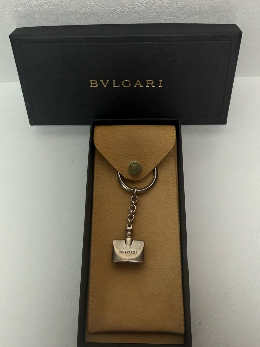 BVLGARI Silver Mini Perfume bottle Keychain with Tan Leather Pouch